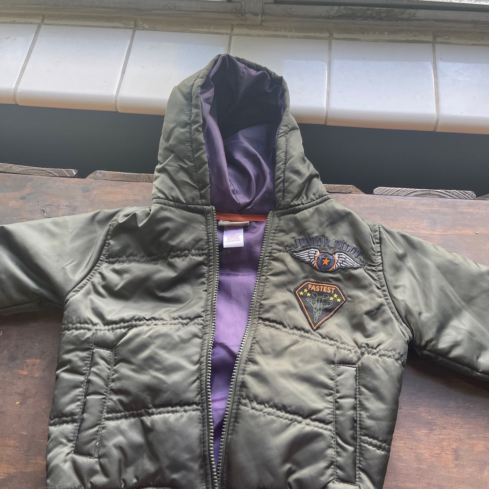 Boys Olive Green Puffer Jacket with Purple Lining